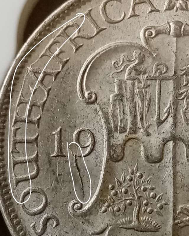 1942 Union silver 2 Shillings with reverse die cracks SANGS AU55