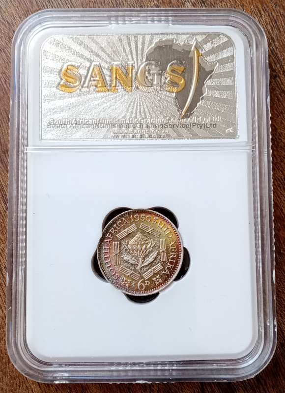 1950 Union silver sixpence SANGS MS62 (Rainbow toned reverse)