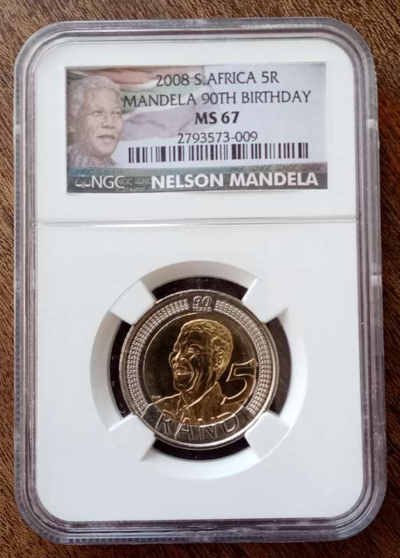 2008 Mandela 90th bday R5 NGC MS67 (Colour Label)