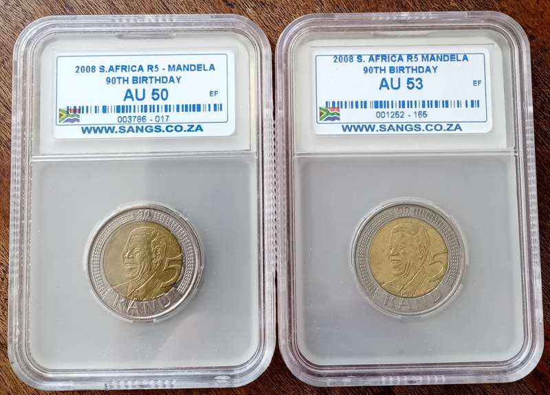2008 Mandela 90th bday R5 SANGS graded AU50 & AU53