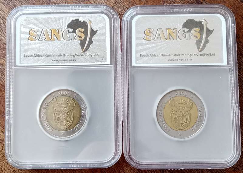2008 Mandela 90th bday R5 SANGS graded AU50 & AU53
