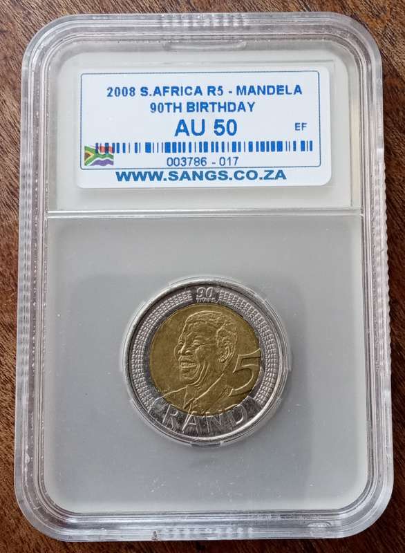 2008 Mandela 90th bday R5 SANGS graded AU50 & AU53