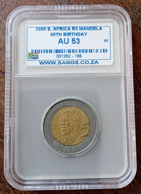 2008 Mandela 90th bday R5 SANGS graded AU50 & AU53