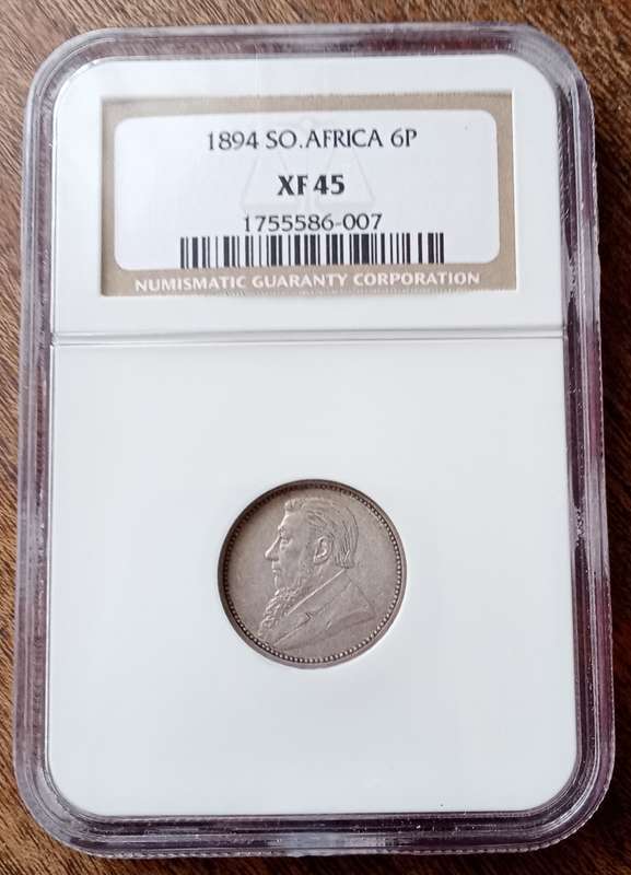 1894 ZAR Kruger silver sixpence NGC XF45.