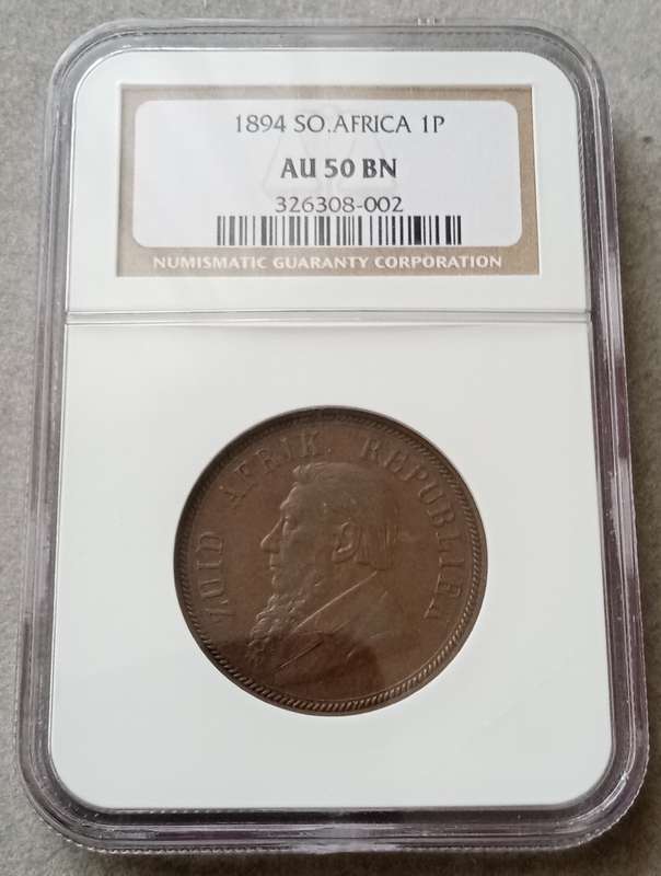 Scarcer 1894 ZAR Kruger penny NGC AU50 BN