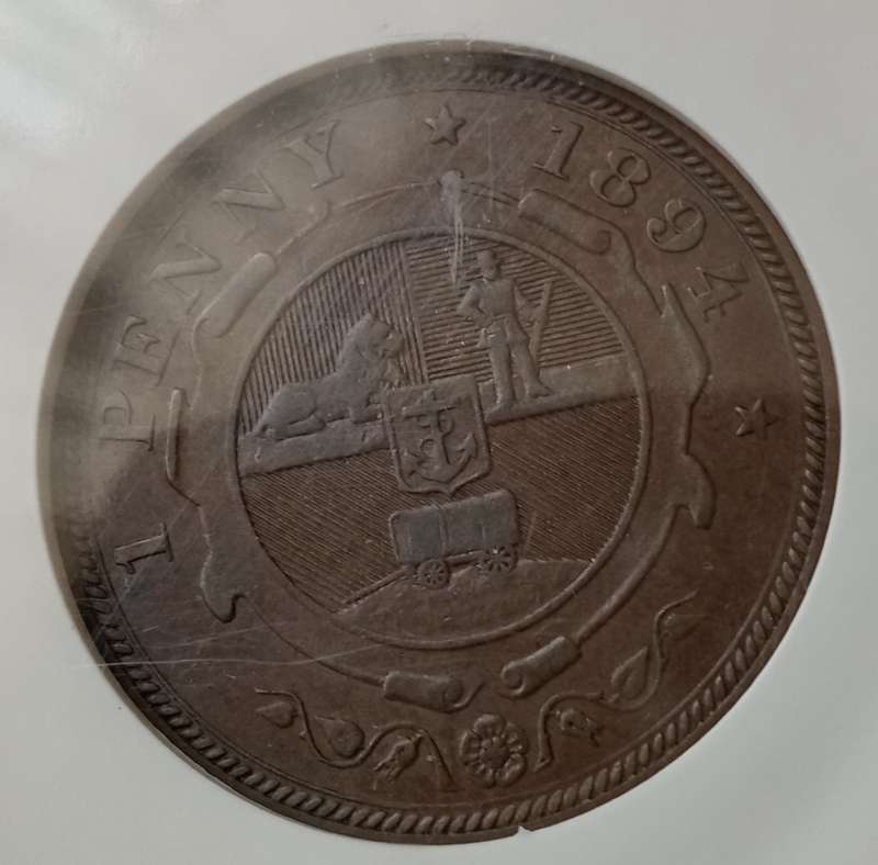 Scarcer 1894 ZAR Kruger penny NGC AU50 BN
