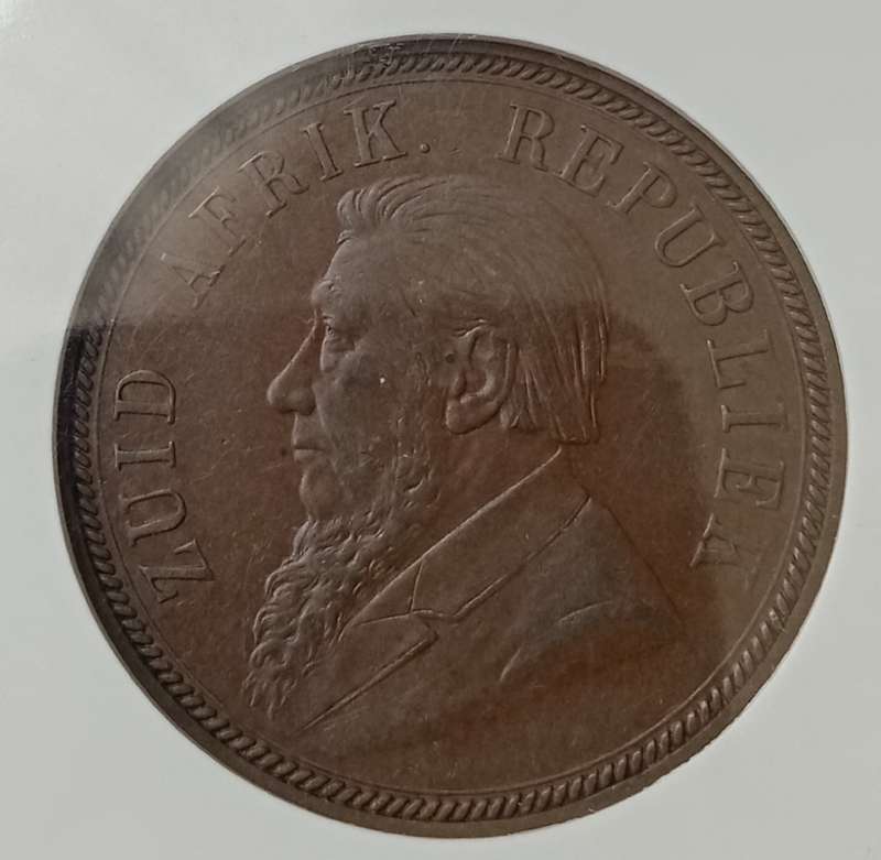 Scarcer 1894 ZAR Kruger penny NGC AU50 BN