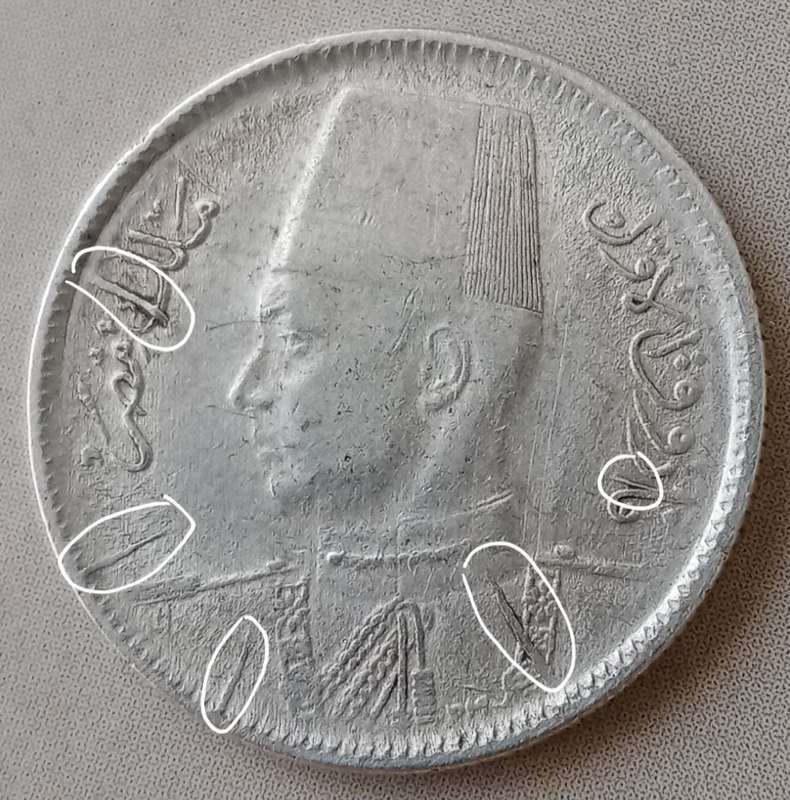 1937 Egypt silver 2 Piastres with reverse and obverse die cracks
