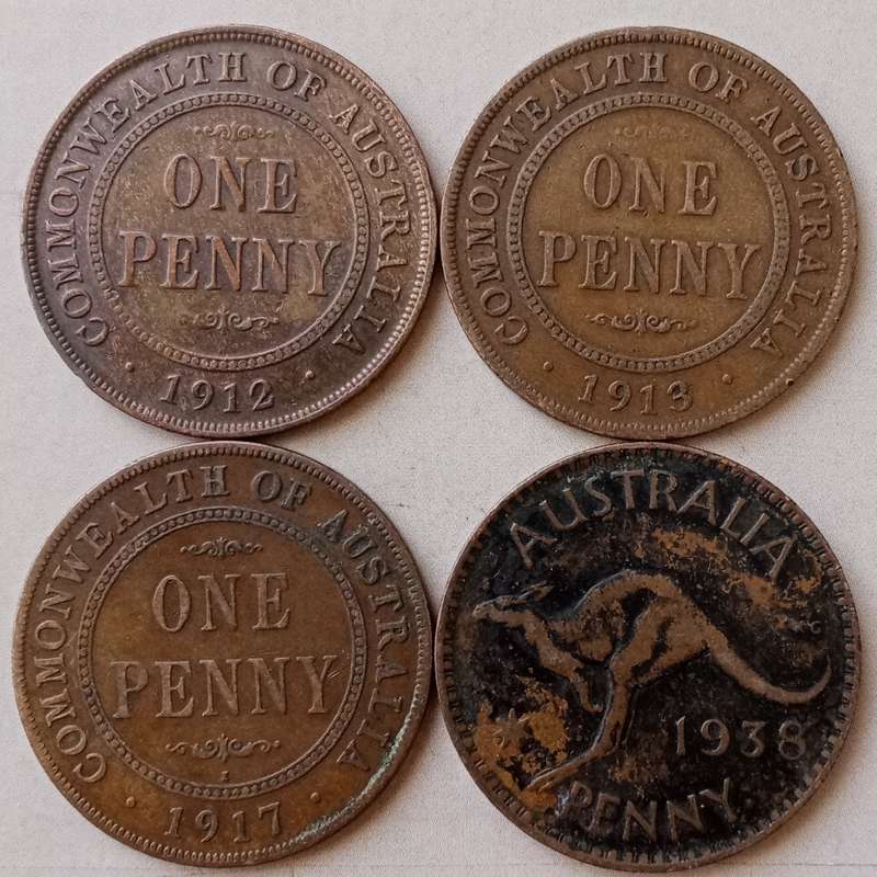 Lot of x4 Australia pennies (1912-1938)