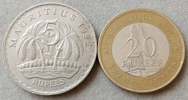 1992 Mauritius 5 Rupees & 2007 20 Rupees