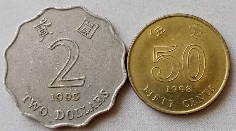 1993 Hong Kong $2 and 1998 50c