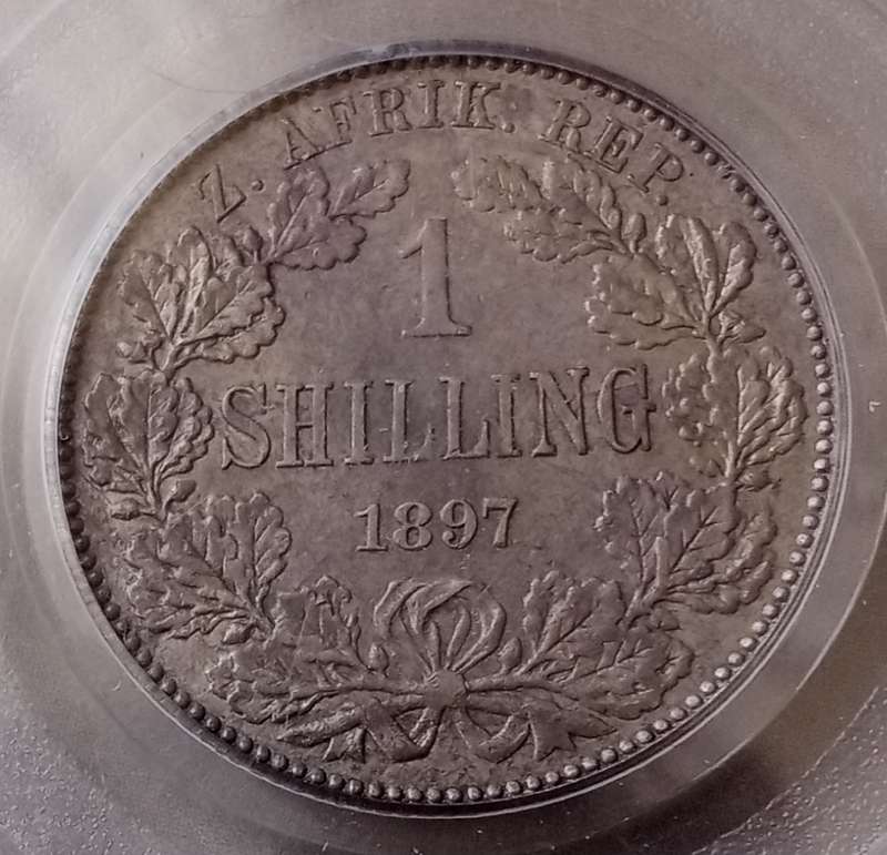 Nice 1897 ZAR Kruger silver shilling PCGS AU55