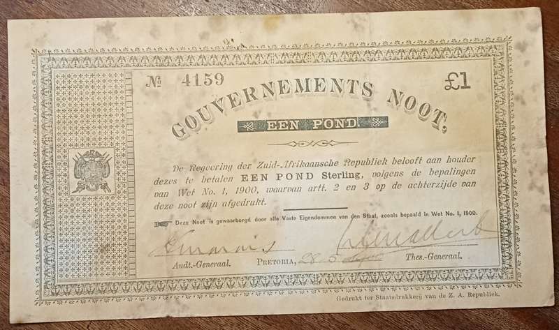 1900 ZAR Pretoria een pond Gouvernements noot/note