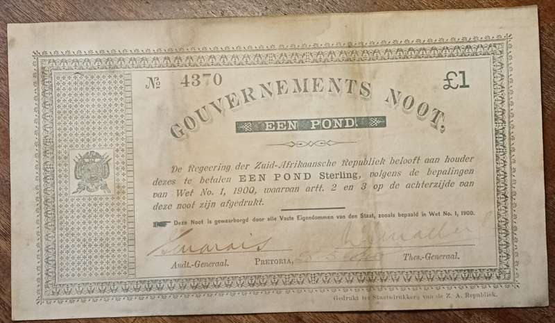 1900 ZAR Pretoria een pond Gouvernements noot.