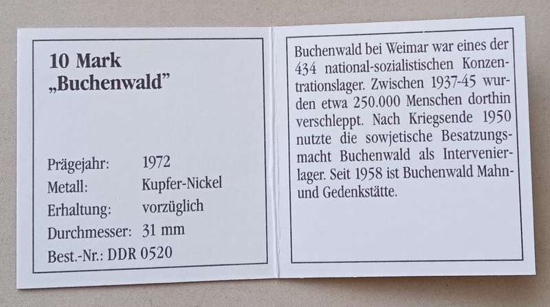 1972 German 10 Mark with certificate (Buchenwald memorial)