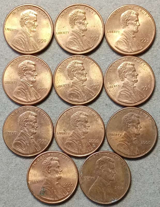 Lot of x11 Lincoln 1c coins (1990-2014)