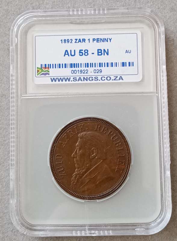 1892 ZAR Kruger Penny SANGS AU58 BN (High grade)