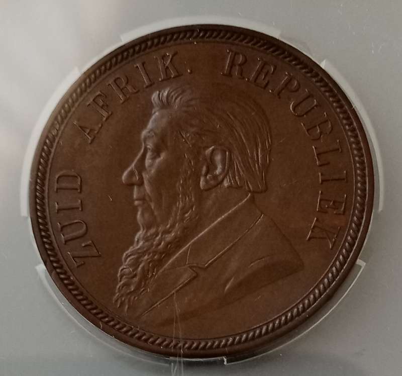 1892 ZAR Kruger Penny SANGS AU58 BN (High grade)
