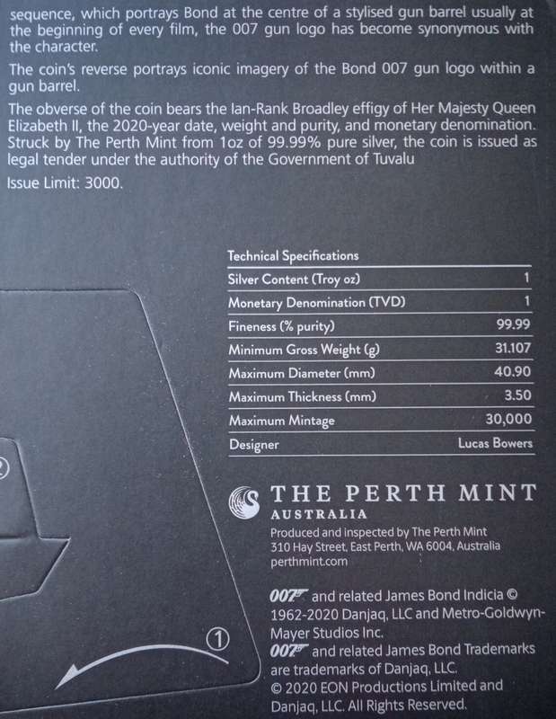2020 Tuvalu brilliant uncirculated 1oz pure silver dollar (007 James Bond)