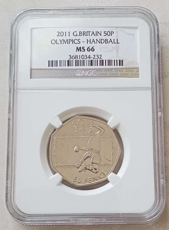 2011 Great Britain 50 Pence NGC MS66 - (Olympics -Handball) Top Pop