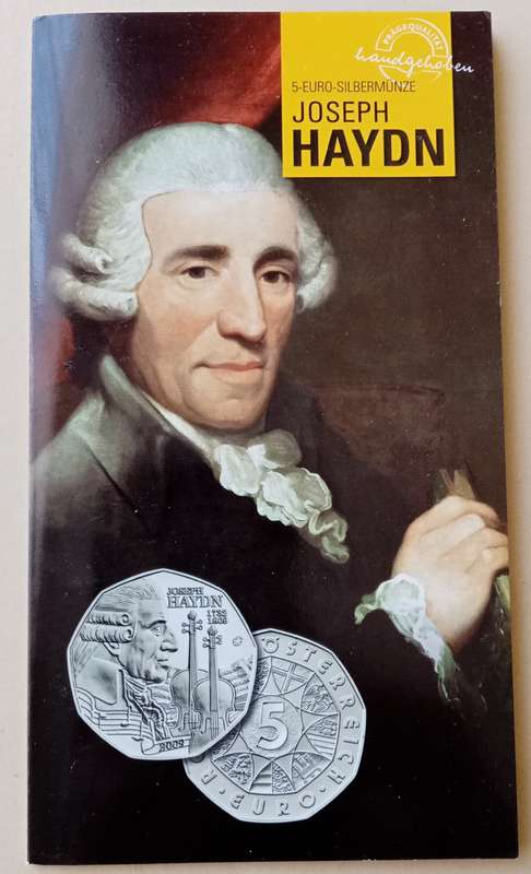 2009 Austria brilliant uncirculated silver 5 Euro in blister pack (Joseph Haydn)