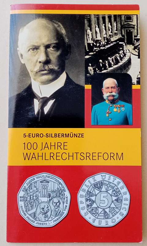 2007 Austria brilliant uncirculated silver 5 Euro in blister pack (Universal Male Suffrage)