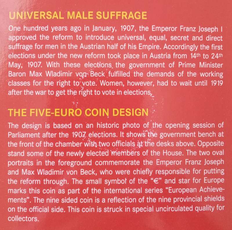 2007 Austria brilliant uncirculated silver 5 Euro in blister pack (Universal Male Suffrage)