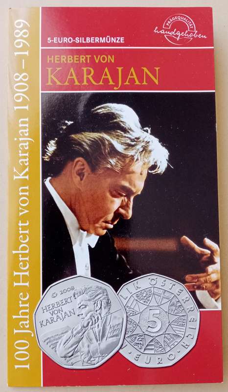 2008 Austria brilliant uncirculated silver 5 Euro in blister pack (Herbert Von Karajan)