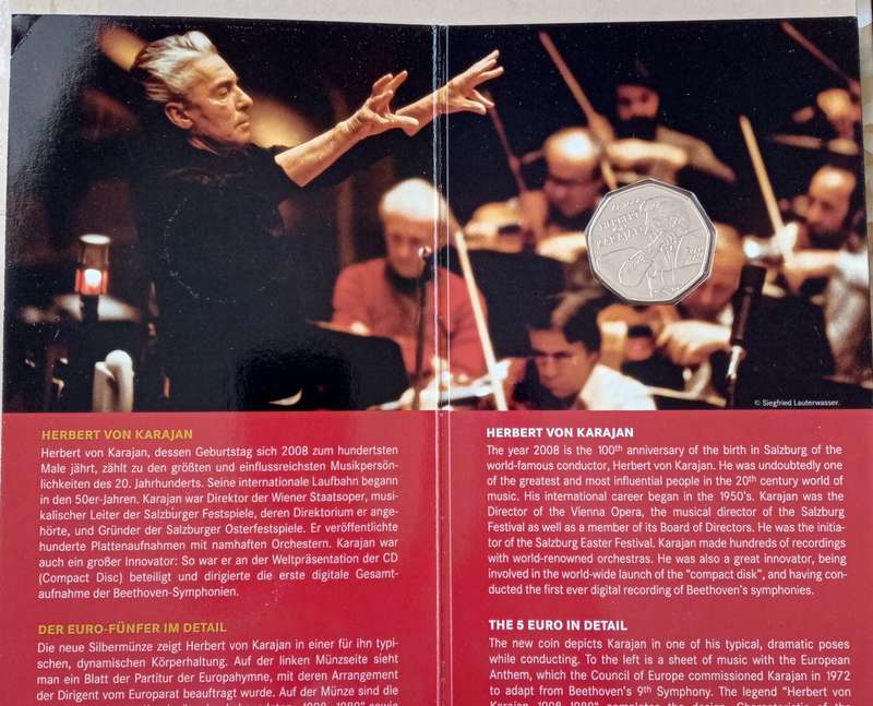 2008 Austria brilliant uncirculated silver 5 Euro in blister pack (Herbert Von Karajan)