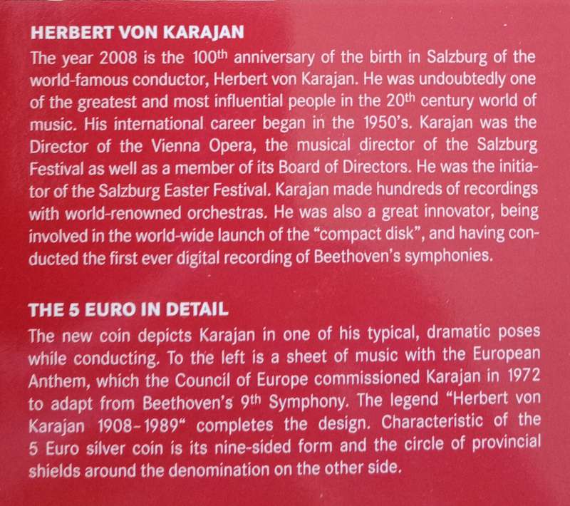 2008 Austria brilliant uncirculated silver 5 Euro in blister pack (Herbert Von Karajan)