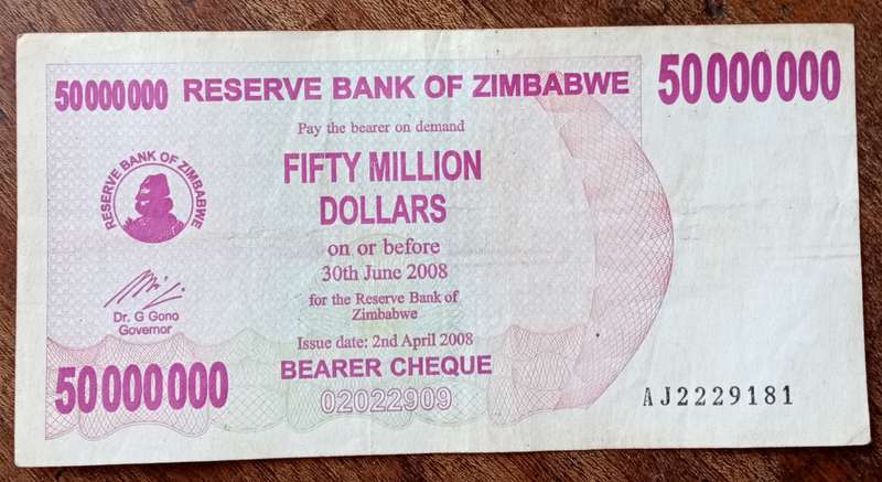 2008 Zimbabwe 50 Million dollars bearer cheque