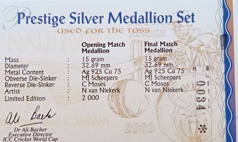 2003 Cricket World Cup proof silver prestige tossing medal collection in case with certificate