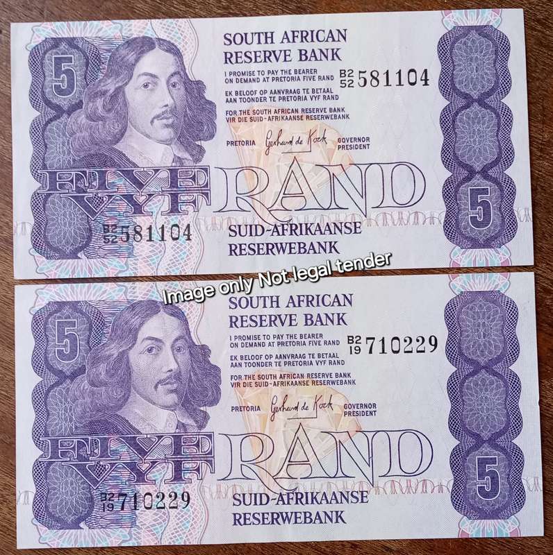 Set of 2 GPC de Kock 1980s R5 notes in good condition