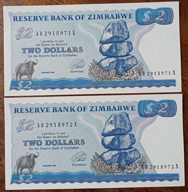 1994 Zimbabwe uncirculated $2 set in sequence (Long neck watermark)