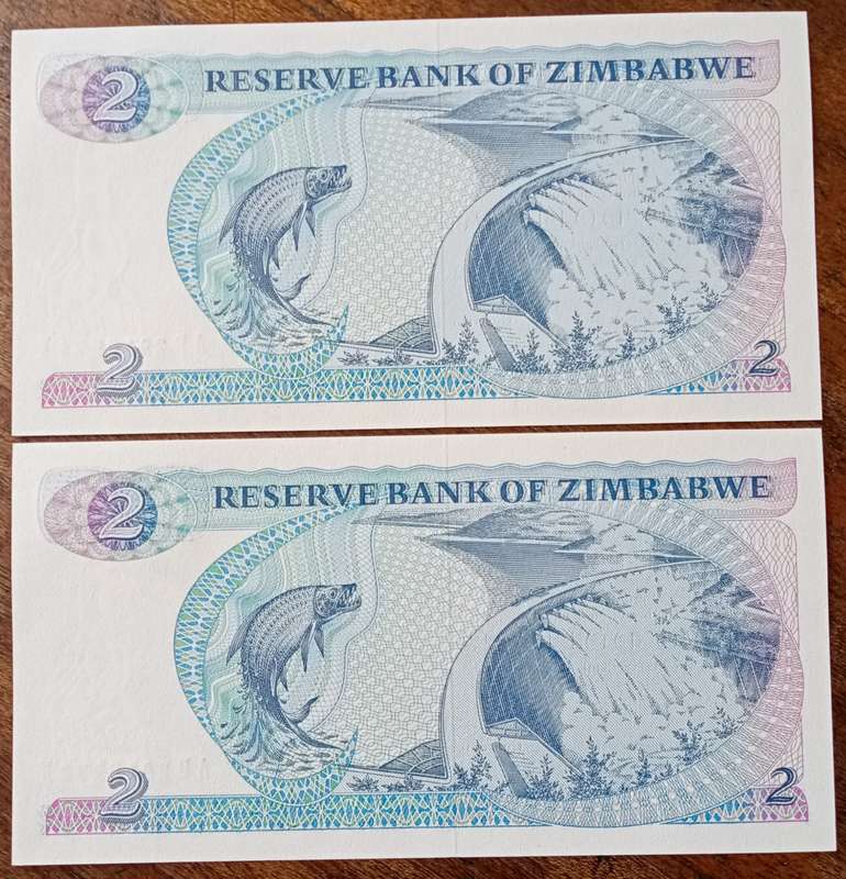 1994 Zimbabwe uncirculated $2 set in sequence (Long neck watermark)