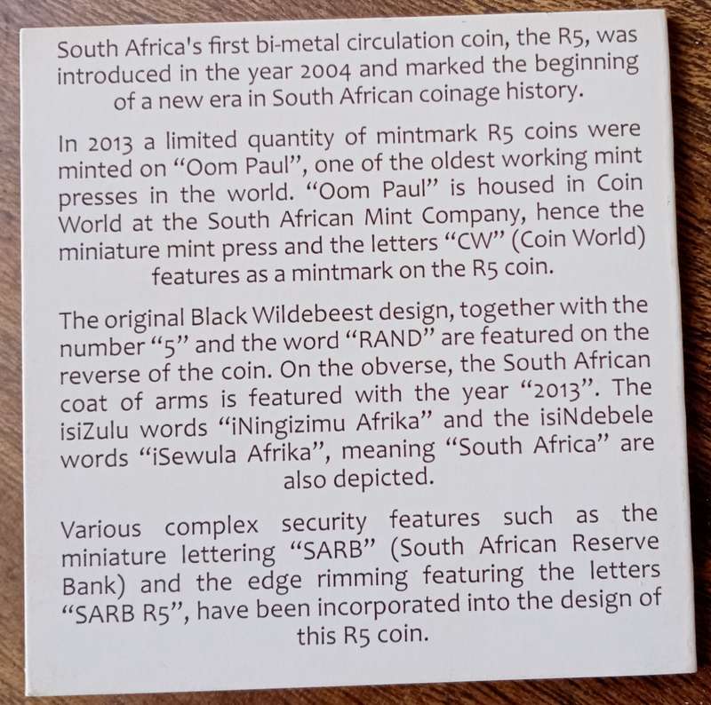 2013 Oom Paul Mintmark prooflike R5 in box with c.o.a (mintage: 499)
