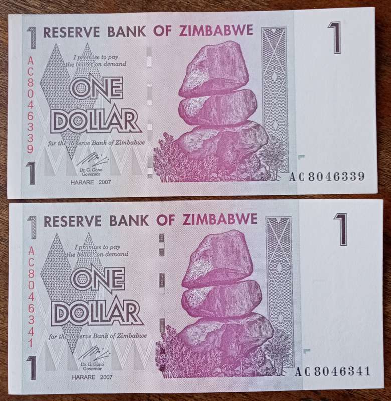 2007 Zimbabwe AU+ $1 note set with close to consecutive serial numbers