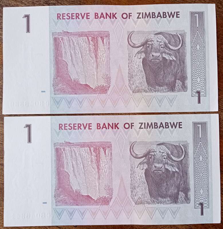 2007 Zimbabwe AU+ $1 note set with close to consecutive serial numbers
