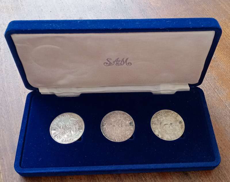 1988 Proof silver R1 trio set in SAM velvet case (Dias,Huguenots & Groot trek)
