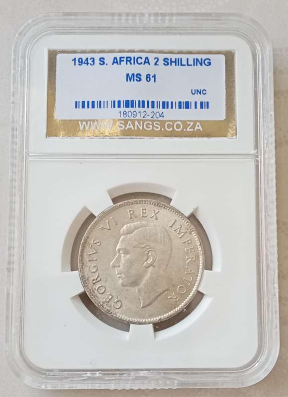 1943 Union silver 2 Shillings SANGS MS61