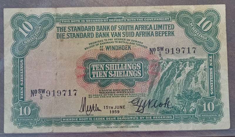 Scarce 1959 SWA (Windhoek) Standard Bank 10 Shillings SANGS VF20