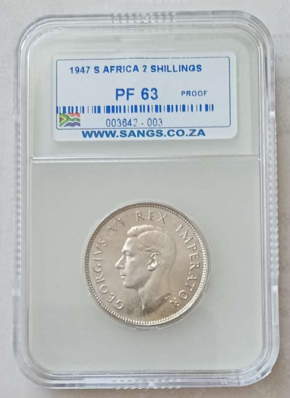 Scarcer 1947 union proof silver 2 Shillings SANGS PF63 (mintage: 2600)