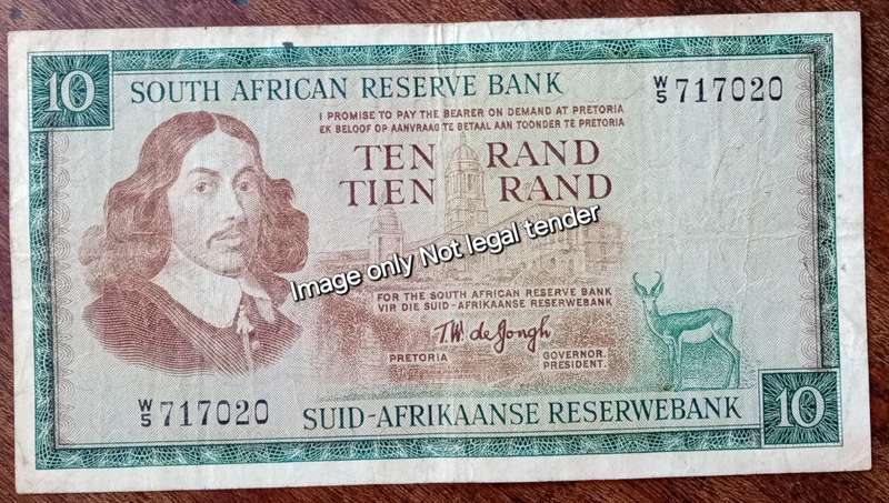 1967 T.W de Jongh 1st issue R10 replacement note (W5)