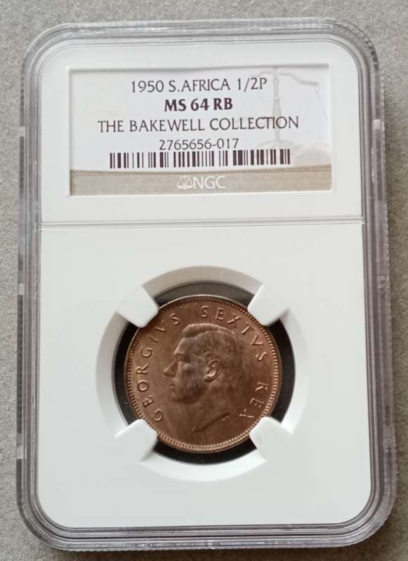 Nice 1950 union 1/2 penny NGC MS64 RB (Bakewell Collection)