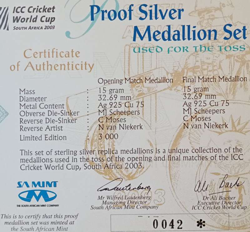 2003 Cricket World Cup proof silver tossing medal set in case with certificate