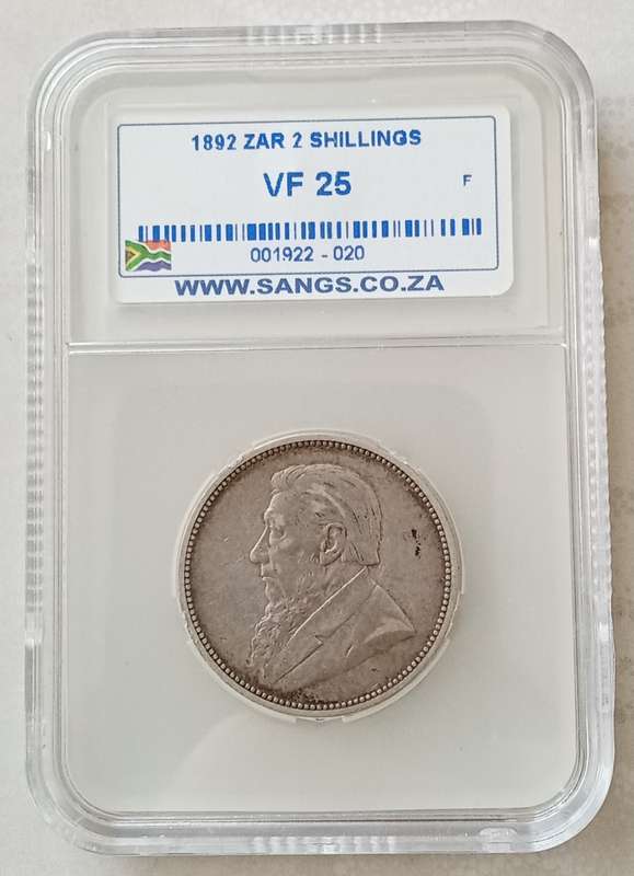 Scarcer 1892 ZAR Kruger silver 2 Shillings SANGS VF25