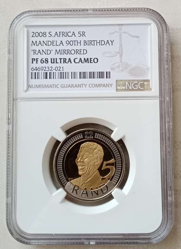 2008 Mandela 90th bday proof R5 NGC PF68 UC (Rand Mirrored)