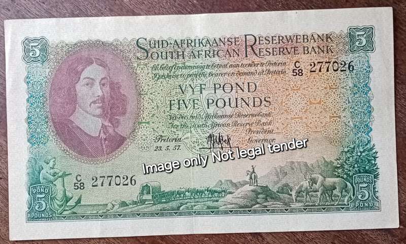 Nice 1957 M.H de Kock 5 Pounds note in VF+