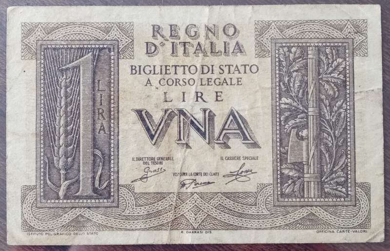 1939 WW2 Italy 1 Lira note in hard plastic sleeve