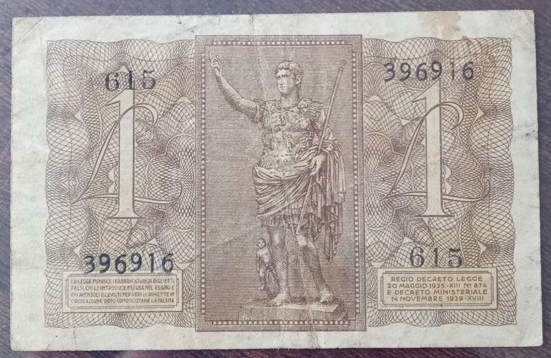 1939 WW2 Italy 1 Lira note in hard plastic sleeve